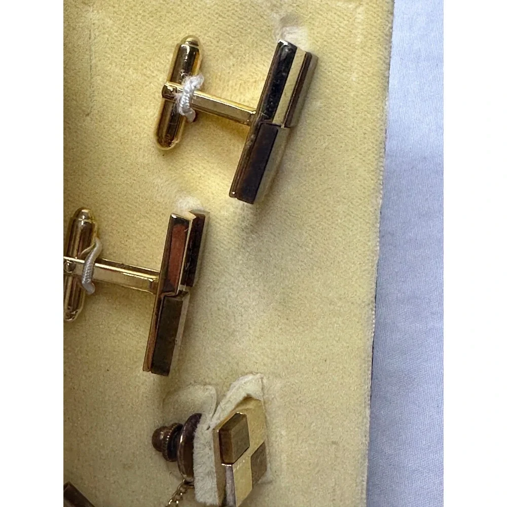 Anson Cufflinks Tie Tack Set Tigers Eye Gold Tone Brown Rectangle Boxed VTG
